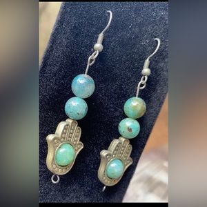 New! Handmade Authentic Chrysocolla Crystal Beads & Hamsa Earrings